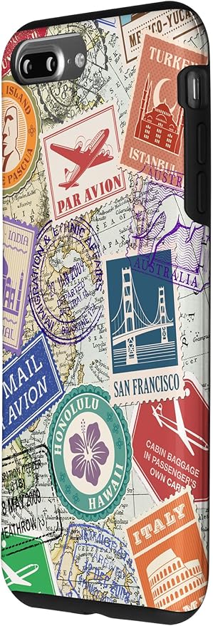 World Map Travel Passport Stamps Postage Stamp Case for iPhone 7 Plus/8 Plus