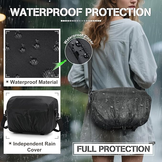 RAINSMORE Camera Bag, Small DSLR/SLR/Mirrorless Camera Sling Bag Waterproof Camera Case with Tripod Holder & Rain Cover Compact Crossbody Camera Bags for Photographers Everyday Shoulder Bags, Black