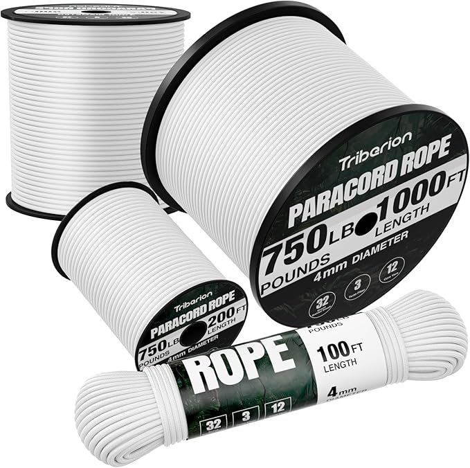 Paracord Rope 750 lb - 200ft 5/32" Parachute Cord 4MM 12-Strand para Cord - Heavy Duty Spool String for Survival,Camping Gear, Survival Bracelet, Clothesline - White