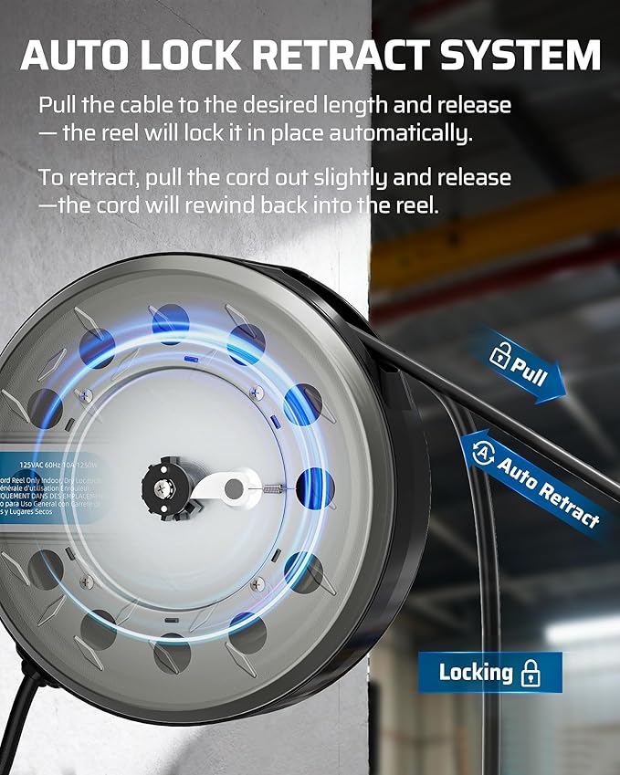 DEWENWILS 30FT Retractable Extension Cord Reel, Ceiling/Wall Mount 16/3 SJTW Power Cord with 3 Lighted Triple Outlets for Garage Shop, 10 Amp Circuit Breaker, Metal Plate, ETL Listed, Silver