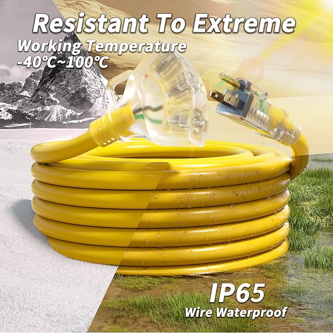 PlugSaf 3 FT 12/3 Gauge Outdoor Extension Cord with Multiple Outlets Light Indicator, Flexible 3 Outlet Weatherproof Heavy Duty Extension Cord Waterproof Yellow, 15A 1875W 12AWG SJTW, ETL Listed