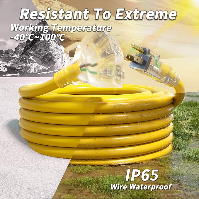 PlugSaf 100 FT 10 Gauge Outdoor Extension Cord with Multiple Outlets Light Indicator, Flexible 3 Outlet Weatherproof Heavy Duty Extension Cord Waterproof Yellow, 15A 1875W 10AWG SJTW, ETL Listed