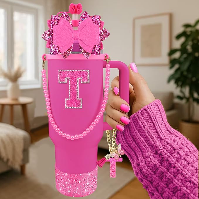 9PCS Hot Pink for Stanley Cup Accessories Set Bling Initials Bow Charms for Stanley Decorations 30/40 Oz Tumbler Accessories Including Bow Straw Topper, Handle Strap, Spill Stopper（Letter T）