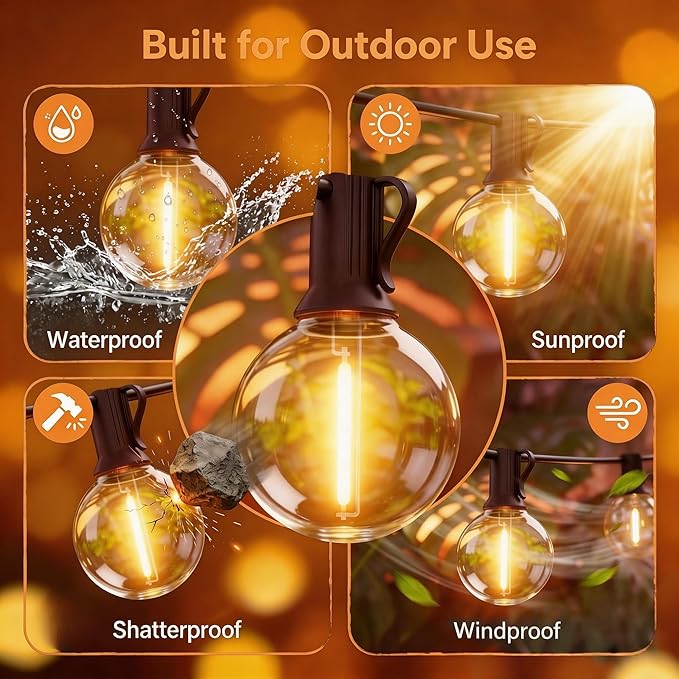 RTTY Outdoor String Lights 25 FT, G40 Led Patio Globe Lights with 13pcs Plastic Bulbs, Shatterproof Waterproof Connectable Hanging for Porch Cafe Bistro Backyard Gazebo Balcony Deck Party