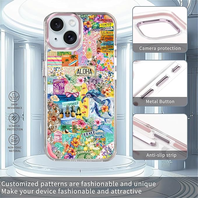 Case for iPhone 13/14,[Compatible with MagSafe],Hawaii Aloha Cover Coastal Beach Collage Phone Case Design，for Women Girls Magnetic Clear Cover - Slim, Sleek, & Shockproof Protection