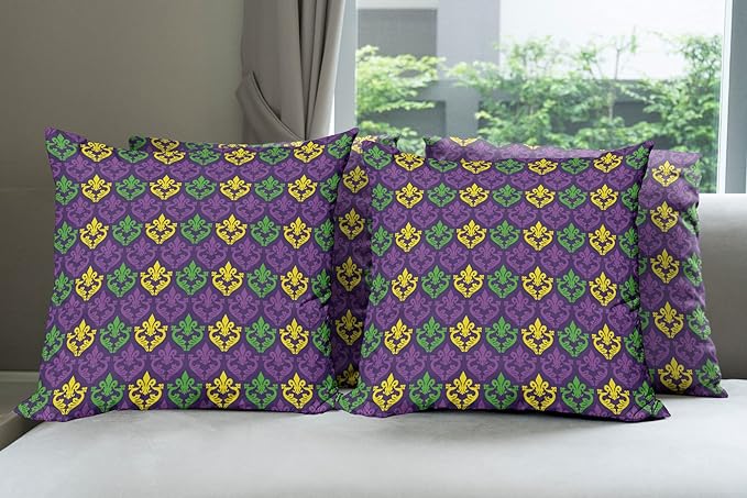 Ambesonne Mardi Gras Decorative Throw Pillow Case Pack of 4, Antique Old Fashioned Motifs in Mardi Gras Holiday Colors Tile Pattern, Cushion Cover for Couch Living Room Car, 18", Yellow Purple