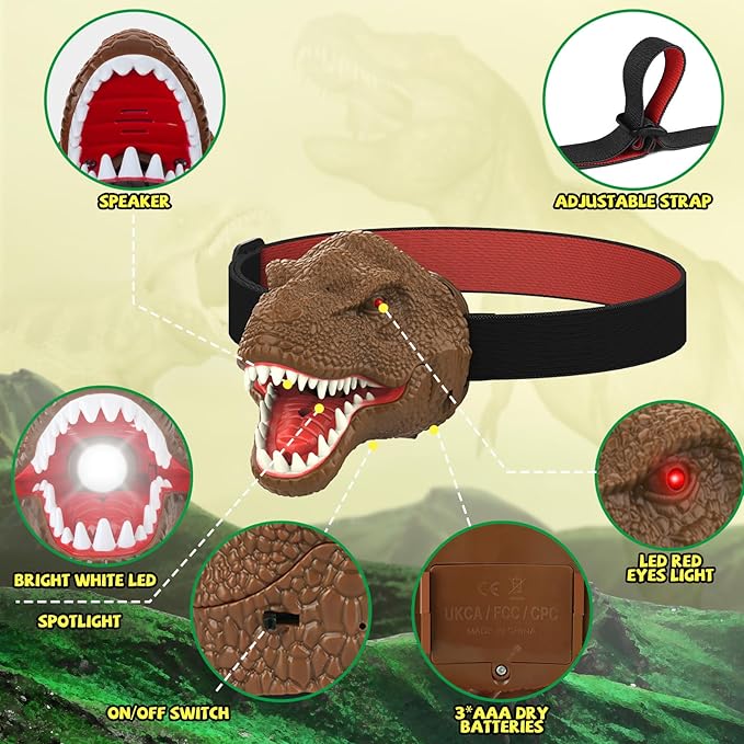 Nitigo Dinosaur Headlamp for Kids Flashlight Led Headlights Roar & Silent Mode, T-Rex Dinosaur Toys for Kids 3-5 4-6 5-7 6-8, Camping Gear, Valentines Day Gifts for Boys Girls Adults