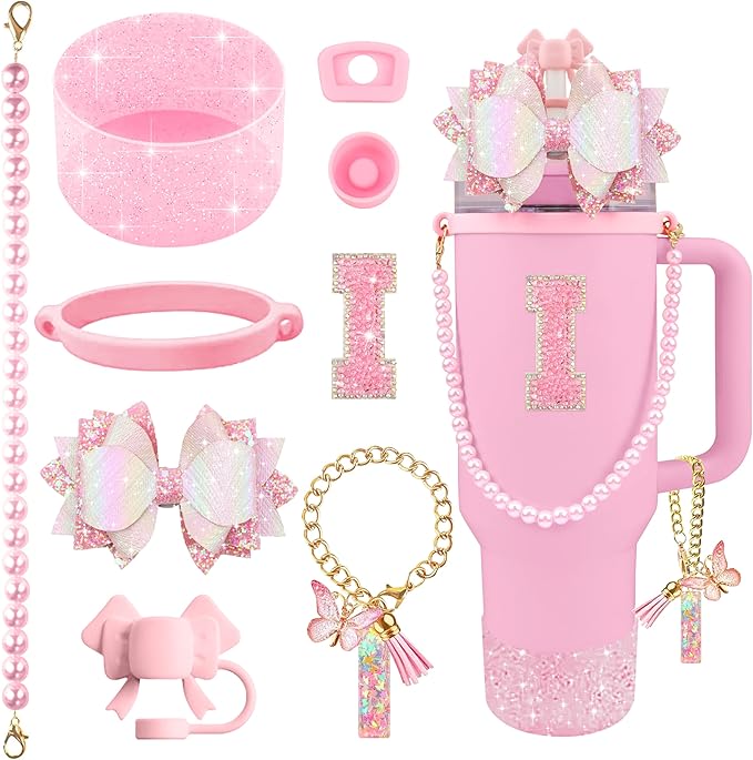 9PCS Pink for Stanley Cup Accessories Set Bling Initials Bow Charms for Stanley Decorations 30/40 Oz Tumbler Accessories Including Bow Straw Topper, Handle Strap, Spill Stopper（Letter I）