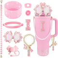 9PCS Pink for Stanley Cup Accessories Set Bling Initials Bow Charms for Stanley Decorations 30/40 Oz Tumbler Accessories Including Bow Straw Topper, Handle Strap, Spill Stopper（Letter I）