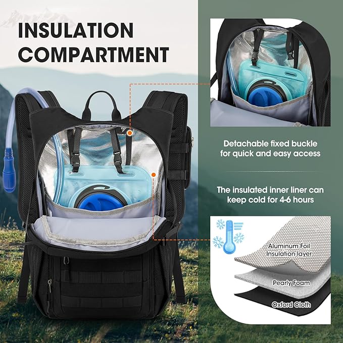 RAINSMORE Tactical Hydration Backpack 18L with 2L Water Bladder & Rain Cover, Insulated Molle Hiking Daypack, Lightweight Waterproof Ripstop Water Pack for Outdoor Cycling, Hiking