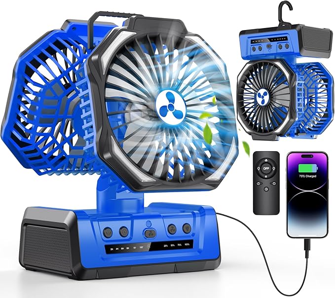 Dual Head Portable Rechargeable Fan 20000mAh Battery Powered Camping Fan Cordless with LED Lantern & Remote, Auto Oscillation, Hook, Battery Operated for Tent Office Travel Picnic Jobsite Orange