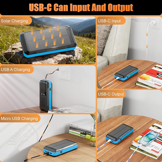 Solar Power Bank 33800mAh with Super Bright LED Flashlight, Built-in 4 Cables & Wireless Charging, Portable Charger with Compass, 7 Outputs & 4 Inputs for Camping/Hiking(Blue)