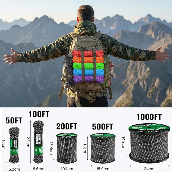 Reflective Paracord Rope 750 lb - 50ft 5/32" Parachute Cord 4MM 12-Strand para Cord - Heavy Duty Spool String for Survival,Camping Gear, Survival Bracelet, Clothesline - Black