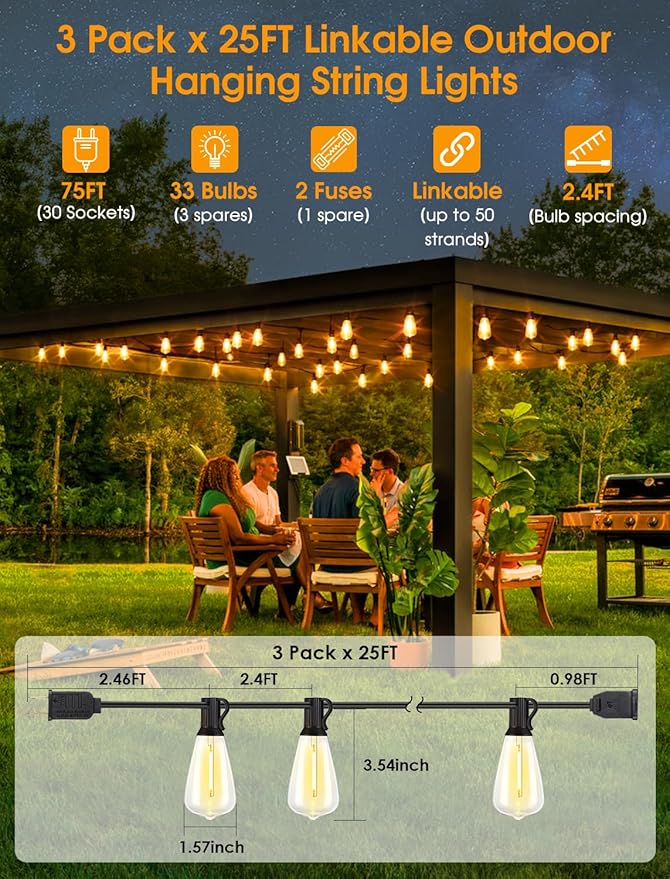 Larkvue 75FT(3x25FT) Outdoor String Lights, Patio Lights with 30+3 LED Dimmable Waterproof Connectable ST38 Bulbs for Outside Porch Balcony, Black