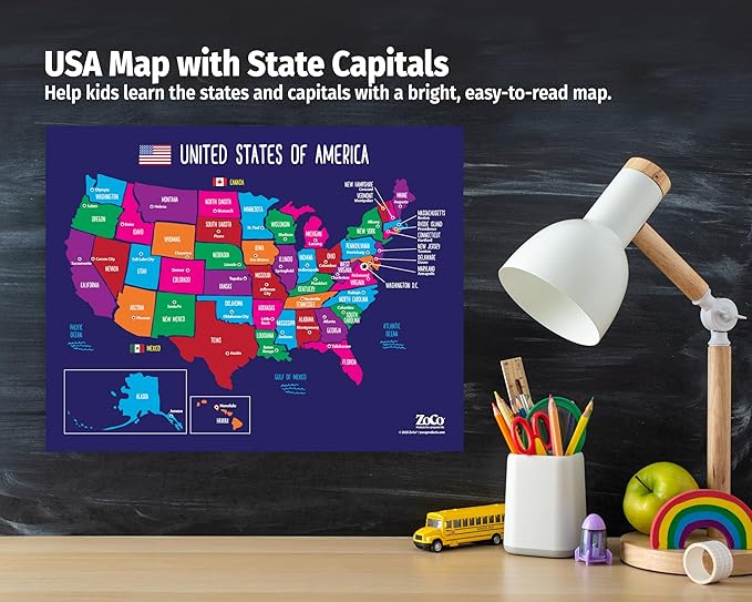 ZOCO – United States Map with Capitals Poster (5-Pack) – Laminated 17x22 – Educational USA Wall Chart for Kids – North America Geography, Social Studies Classroom Decor
