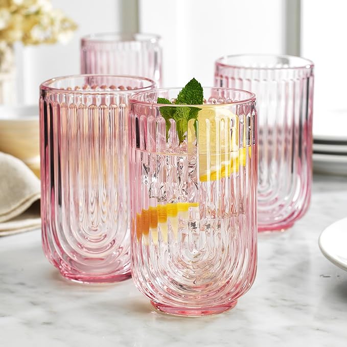 Glaver's Vintage Glassware Art Deco Glasses Ribbed Drinking Glasses U-Shape Arch Design Colored Cocktail Kitchen Tumblers Everyday Dinner Decorative Party (Pink S/4 17oz)