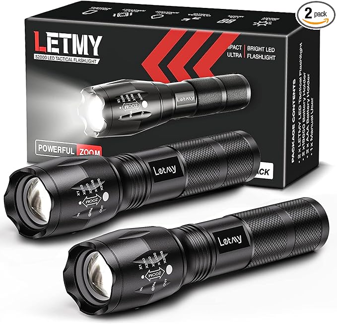LETMY Tactical Flashlight S2000-2 Pack Bright Military Grade LED Flashlights High Lumens - Portable Handheld Flash Light, 5 Modes Zoomable Waterproof Flashlights for Home Emergency Camping Outdoor