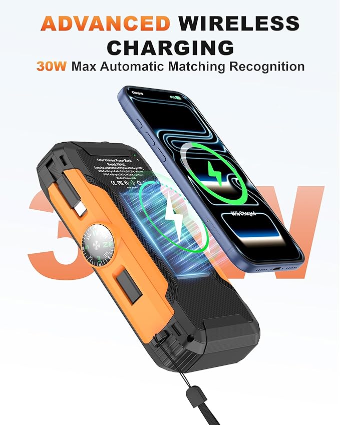 Solar Power Bank with Hand Crank and Retractable Cables, 20000mAh Wireless Portable Charger with USB-C & Camping Light, 25W Fast Charging Battery Pack for iPhone, iPad, Samsung, All Mobile Phones
