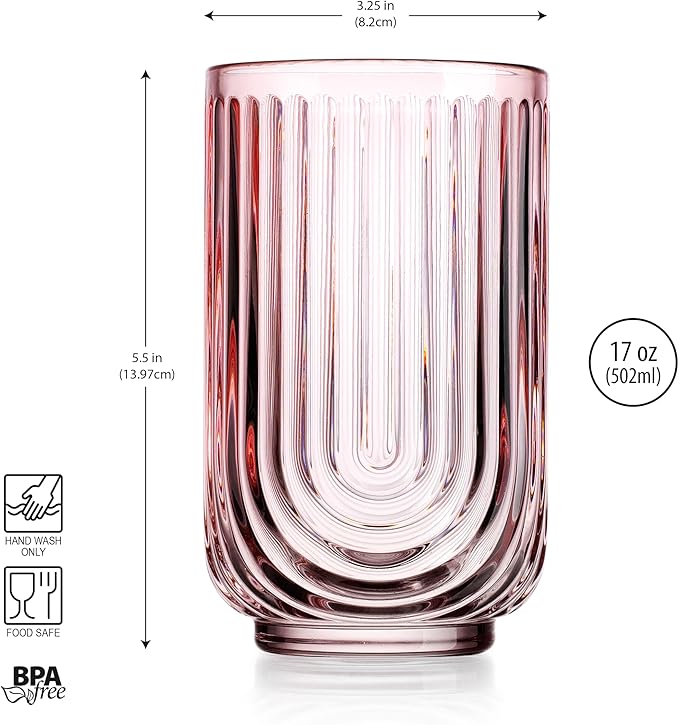 Glaver's Vintage Glassware Art Deco Glasses Ribbed Drinking Glasses U-Shape Arch Design Colored Cocktail Kitchen Tumblers Everyday Dinner Decorative Party (Pink S/4 17oz)