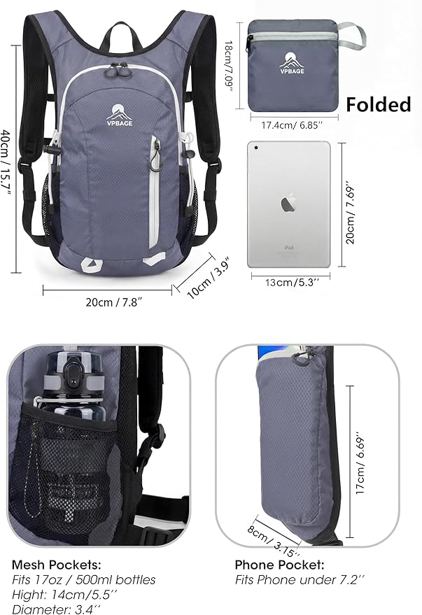 Foldable Small Hiking Backpack with 3 Strap Pockets – Lightweight 300D Spill-proof Daypack for Men Women – Packable Small Travel Backpack with Chest Strap & Trekking Pole Holder – Durable Outdoor Bag