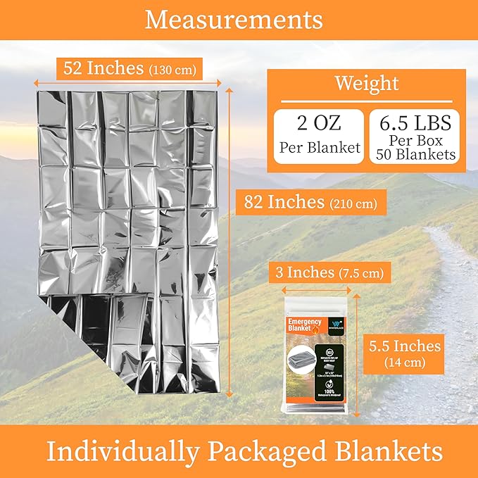 Winterlace Emergency Blankets 25-Pack (52” x 82”) Thermal Mylar Survival Rescue Camping Heat Reflective (25 Pack)