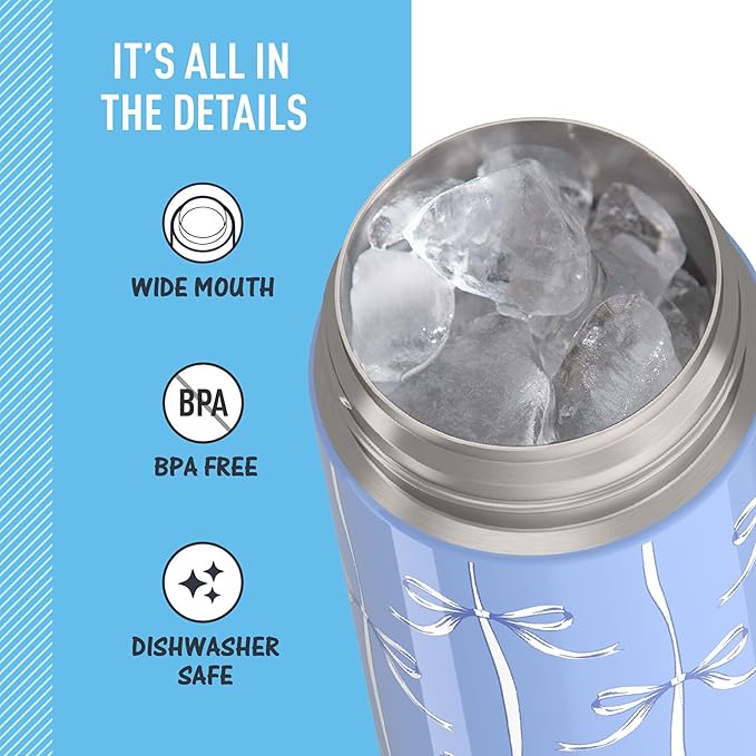 THERMOS FUNTAINER 16 Ounce Stainless Steel Vacuum Insulated Bottle with Wide Spout Lid, Blue Bows