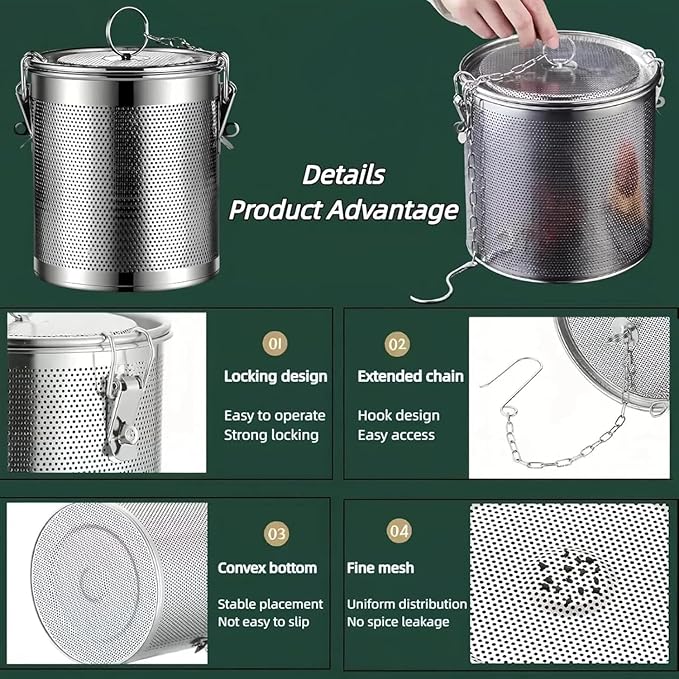 Stainless steel cylindrical seasoning filter, Multi purpose spice filter,Mesh Design Tea Ball Strainer Soup Seasonings Seperation Basket Filter with Chain Hook for Home Restaurant (12 * 12CM/1.356L)