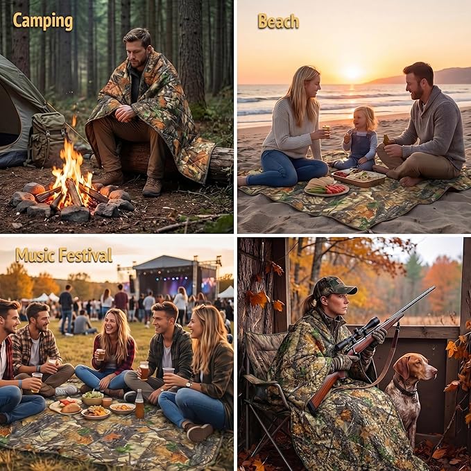 Insulated Camping Blanket | Military Poncho Liner for Hiking Backpacking Travel Hunting & Survival Gear, Water Resistant Outdoor Blanket with Lightweight & Packable Compression Bag(Leaf)