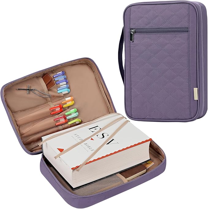 FINDCOZY Bible Cover for Women, Durable Carrying Book Case Church Bag for Biblical Accessories with Handle and Zippered Pocket,Purple