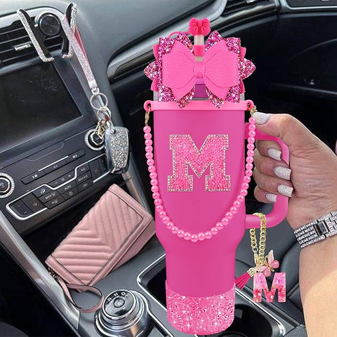 9PCS Hot Pink for Stanley Cup Accessories Set Bling Initials Bow Charms for Stanley Decorations 30/40 Oz Tumbler Accessories Including Bow Straw Topper, Handle Strap, Spill Stopper（Letter M）