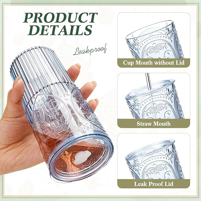 8 Set 20oz Vintage Plastic Tumbler with Lids and Straws Ribbed Floral Drinking Glasses Reusable Iced Coffee Cups for Water Juice Smoothie Cocktail Travel Party Events Gift (Blue)