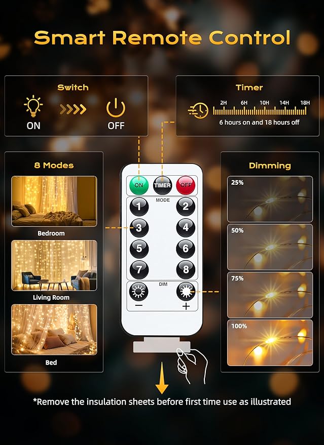 Brightown 300 LED Fairy Curtain Lights, 9.8ft x 9.8ft String Lights, USB Plug in 8 Lighting Modes Christmas String Hanging Lights with Remote for Bedroom Indoor Outdoor Party Xmas Warm White 2 Pack