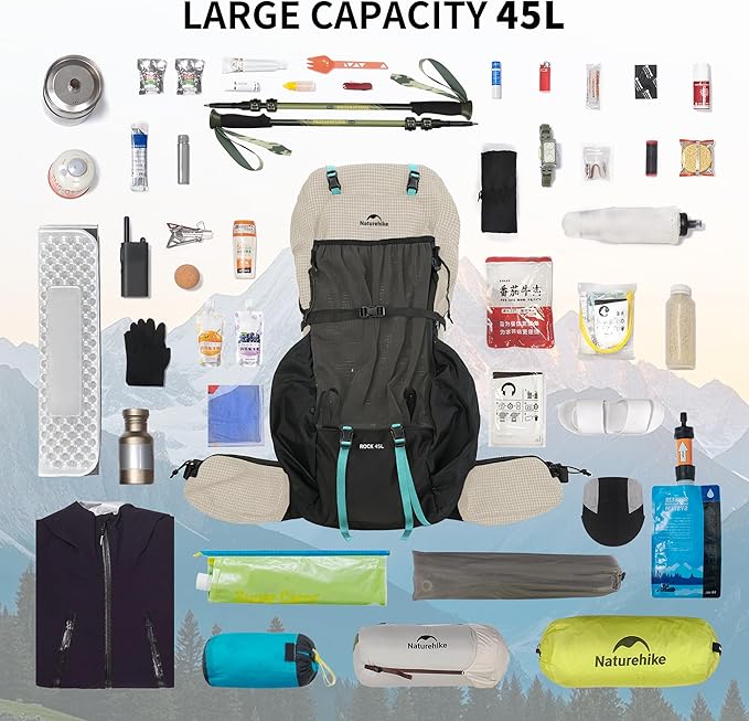 Naturehike 45L Rock 2.0 Upgraded Internal Frame Hiking Backpack for Outdoor Camping Travel Backpacking, Ultralight Backpack for Adults(White/M/45L)