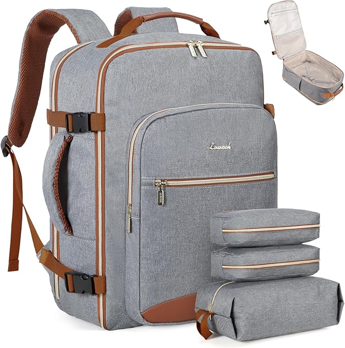 LOVEVOOK Travel Backpack for Women & Men 50L,Airline Approved Carry On Backpack Travel Essentials,TSA Carry on Luggage,Waterproof Personal Item Travel Bag,Suitcase with 3 Packing Cubes,Grey-Brown
