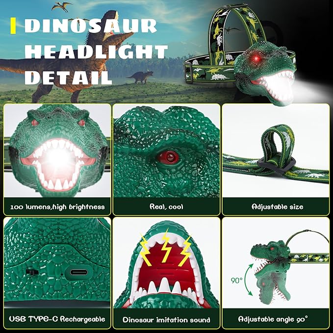 Dysaim Kids Headlamp,Rechargeable T-Rex Dinosaur Headlamp for Kid and LED Head Lamp Camping Gear Flashlight,Hiking Accessories Headlight Toys,Four Light Modes Suitable for Reading/Party Gift(2 Pack)