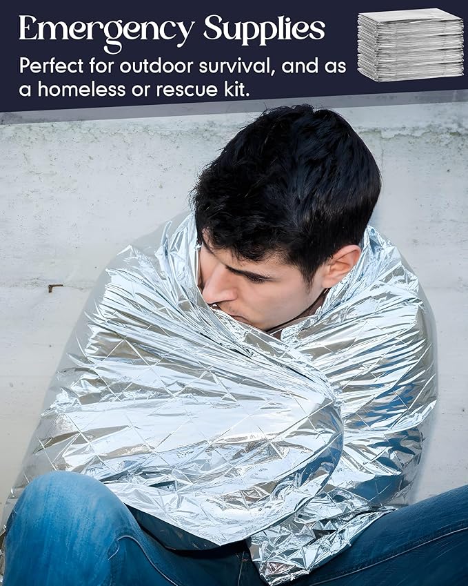 Cutecrop 96 Pcs Winter Survival Kits Include 48 Pcs Emergency Blankets (83''x 63'') & 48 Pairs Warm Winter Wool Sock Survival Blanket Thick Boot Sock Bulk for Homeless Care Packages,Outdoor Camping