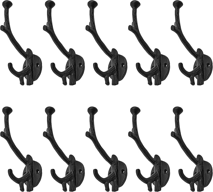 Mystic Colonial Rustic Cast Iron Wall Hooks, Heavy Duty Retro Utility Hooks for Hanging Coat, Bag, Towel, Robe, Hat and More, Pack of 10, Black