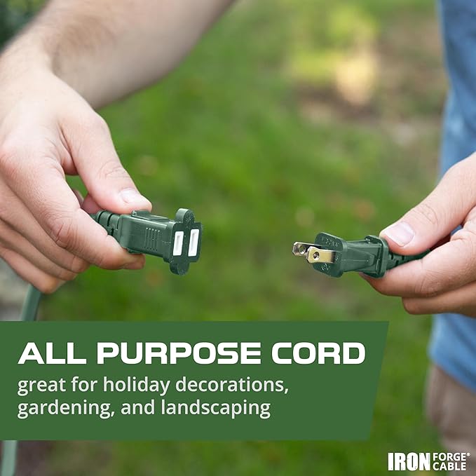 Iron Forge Cable 2 Prong Outdoor Extension Cord 10 ft - 16 Gauge 13 Amp Heavy Duty Power Extension Cords - SJTW - Great for Landscaping, Lawn, Outdoor Lights - Green