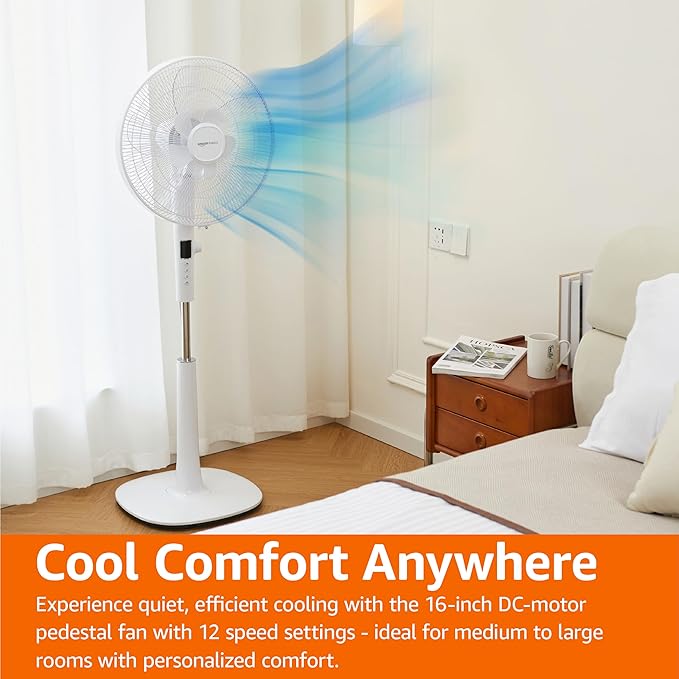 Amazon Basics 16" DC Motor Standing Floor Fan, 12 Speed with Remote, 3 Breeze Modes, Dual-Layered Blades (10 Blades), Timer, Energy Efficiency and Quiet DC Motor (28W), White
