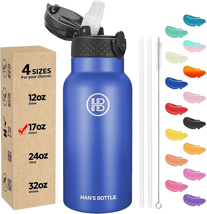 Han's Bottle Kids Water Bottle with Straw Lid - Insulated Stainless Steel Reusable Tumbler for Girls,Boys,Thermo Mug,17oz,Navy Blue
