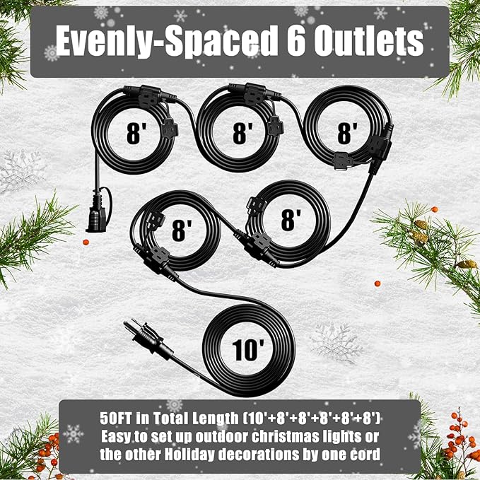 Eversimpleinc Black Outdoor Extension Cord with Multiple Outlets, (50FT 6 Outlets) Evenly Spaced with Weatherproof Cover, Ideal for Christmas Decoration Patio, 16AWG/3C SJTW, ETL Listed