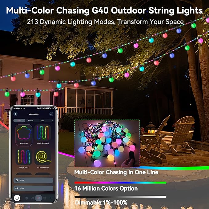 Smart Outdoor String Lights 65.6Ft, RGB IC Color Changing LED Patio Light IP67 Waterproof with 26 G40 Bulbs, Remote, App Control, Timer, Music Sync 5V Outdoor Hanging Lights for Garden Party Christmas