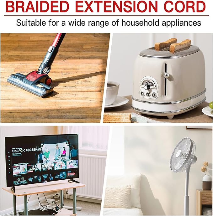 16/3 Braided Extension Cord 20 FT, Braided Extension Cord Flexible & Durable, Indoor 3 Prong Power Cable, Suitable for Home and Office, 13 Amp 1625 Watt 125VAC 16AWG, ETL Listed