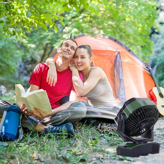 WESTTREE Camping Fan 20000mAh Rechargeable Battery Operated fan Outdoor Tent Fan with Light & Hook, knob Speeds, Personal USB Desk Fan for Camping, Power Outage Jobsite Green X68