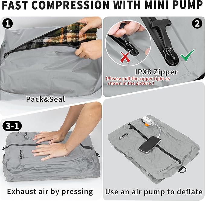 Reusable Vacuum Bags for Travel With Pump,Professional Waterproof IPX8 Zipper Vacuum Compression Bag for Suitcases Backpack,Space Saver Bags Packing Organizers forClothingPacking(2 Pack,Neutral Gray)