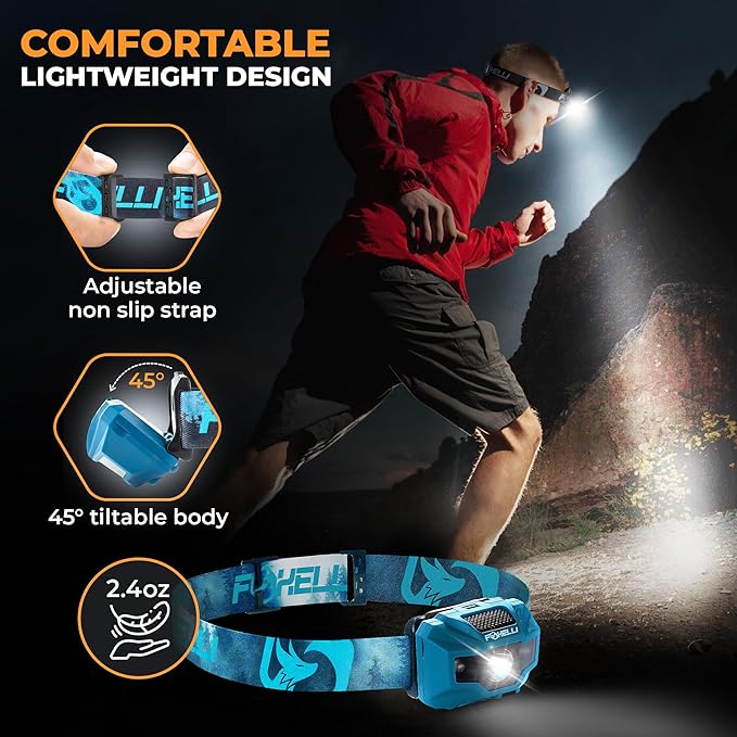 Foxelli USB‑C Rechargeable LED Headlamp – Ultra‑Light 2.4 oz & Bright 180 Lumens – Red/White Light, 5 Modes, IPX5 Waterproof, 40 h Runtime for Trail Running, Camping, Hiking