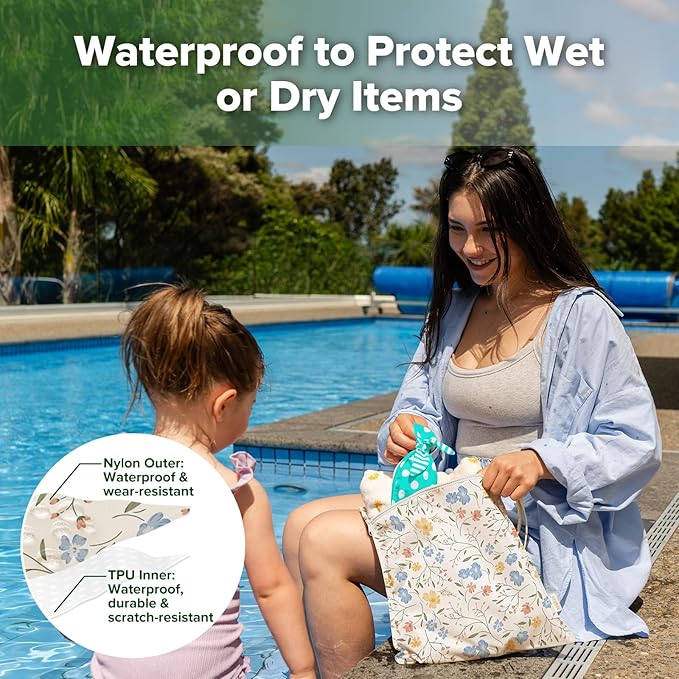 haakaa Water Resistant Wet Bags for Baby Wet Dry Bags for Cloth Diaper, Reusable Wet Bags for Baby Items, Swimsuit & Travel, 2pcs, Garden Flow
