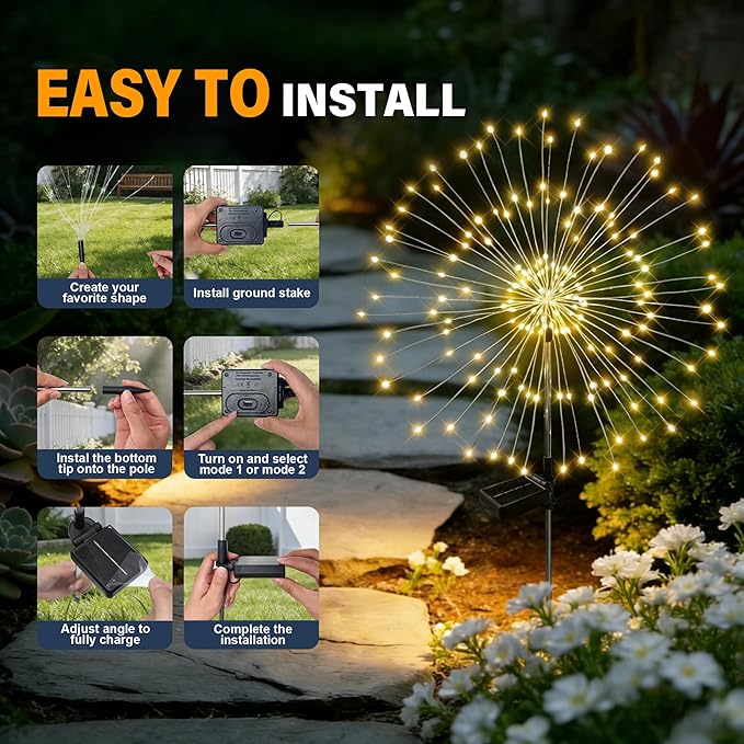 Solar Garden Lights Outdoor Decor Waterproof, 2Pack 120LED Firework Lights for Garden Decorative, Fairy Lights Solar Powered for Yard, Patio,Pathway,Flowerbed,Planter,Party(Warm White)