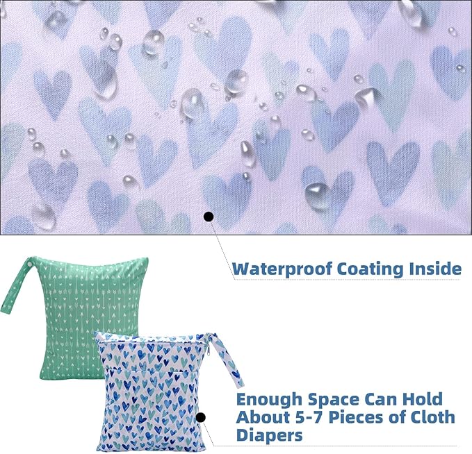 2pcs Cloth Diaper Wet Dry Bags Waterproof Reusable with Two Zippered Pockets Stroller Travel Beach Pool Daycare Soiled Baby Item Yoga Gym Bag for Swimsuits or Wet Clothes-Green Hearts