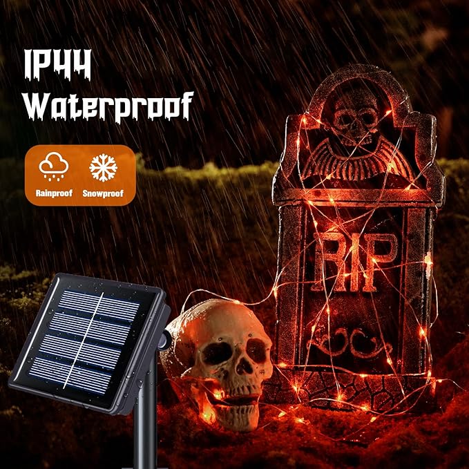 JMEXSUSS 2 Pack Solar Halloween Lights, 33ft 100 LED Orange Halloween Lights Outdoor, Waterproof Solar Fairy String Light for Tree Yard Patio Garden Thanksgiving Decorations